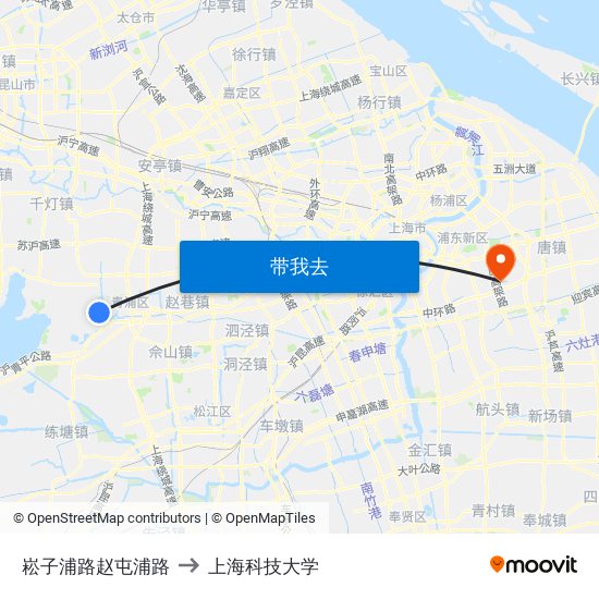 崧子浦路赵屯浦路 to 上海科技大学 map