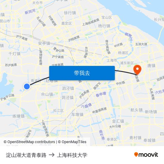 淀山湖大道青泰路 to 上海科技大学 map