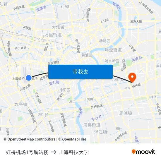 虹桥机场1号航站楼 to 上海科技大学 map
