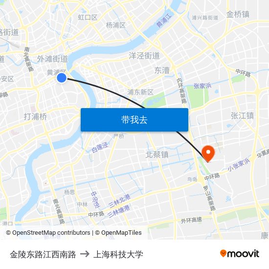 金陵东路江西南路 to 上海科技大学 map