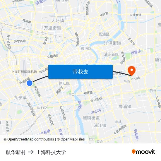 航华新村 to 上海科技大学 map