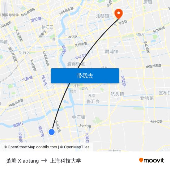 萧塘 Xiaotang to 上海科技大学 map