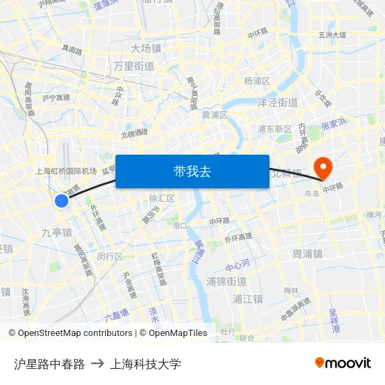 沪星路中春路 to 上海科技大学 map