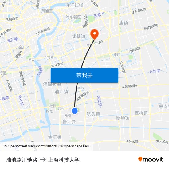 浦航路汇驰路 to 上海科技大学 map