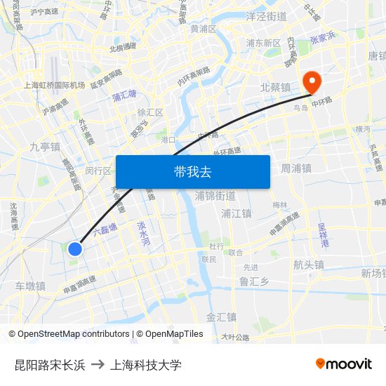 昆阳路宋长浜 to 上海科技大学 map