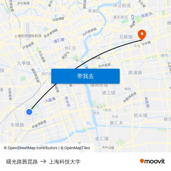 曙光路茜昆路 to 上海科技大学 map