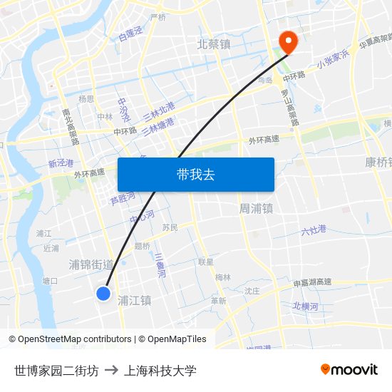 世博家园二街坊 to 上海科技大学 map