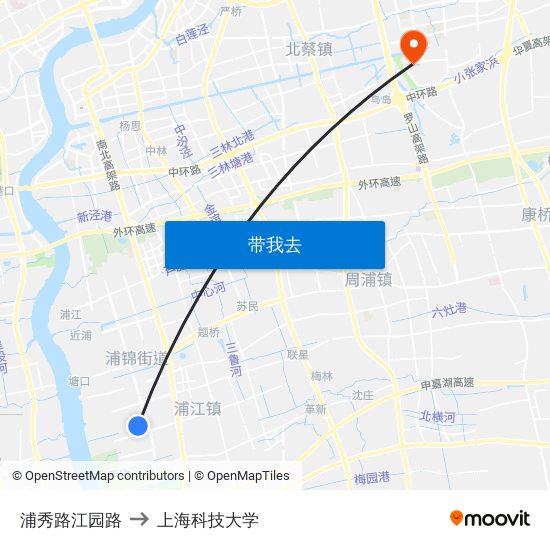 浦秀路江园路 to 上海科技大学 map