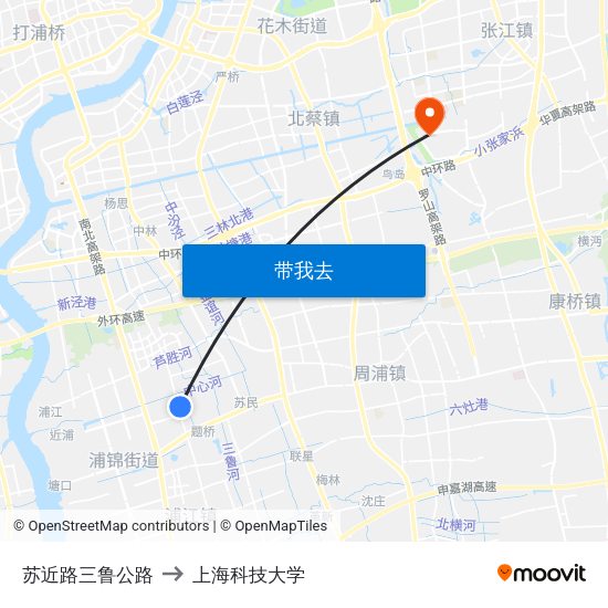 苏近路三鲁公路 to 上海科技大学 map