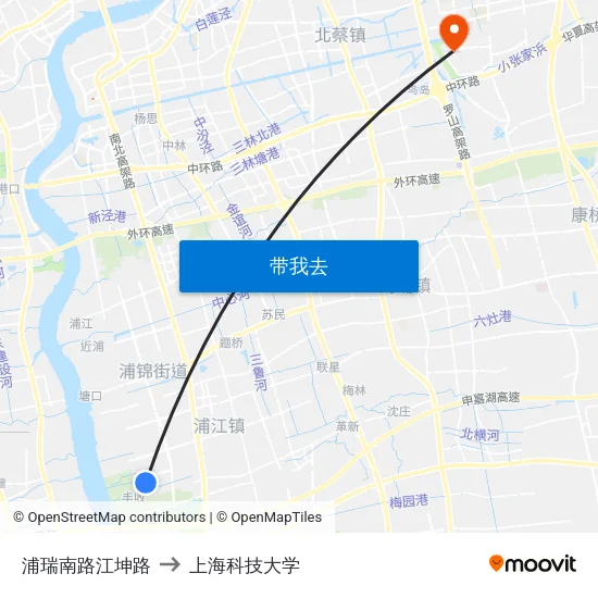 浦瑞南路江坤路 to 上海科技大学 map