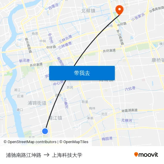 浦驰南路江坤路 to 上海科技大学 map