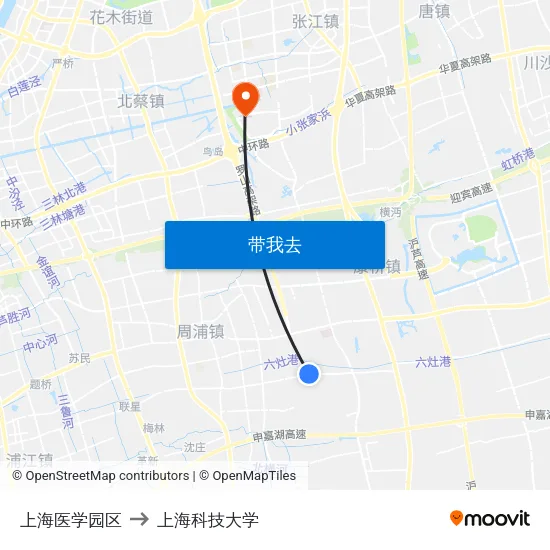上海医学园区 to 上海科技大学 map