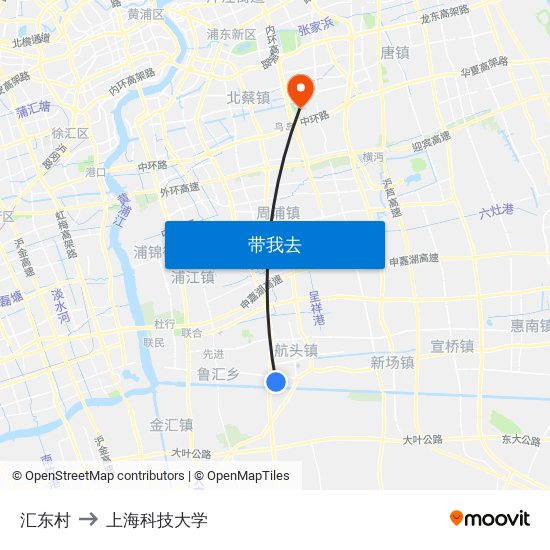 汇东村 to 上海科技大学 map