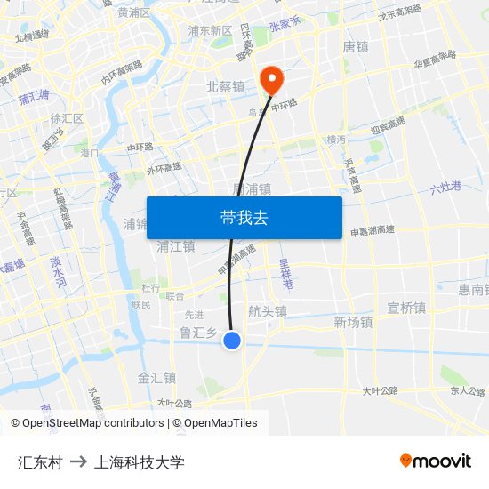 汇东村 to 上海科技大学 map