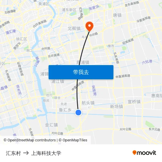 汇东村 to 上海科技大学 map