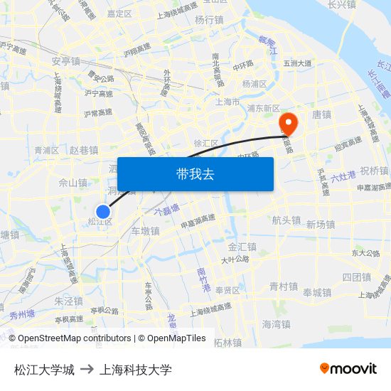 松江大学城 to 上海科技大学 map