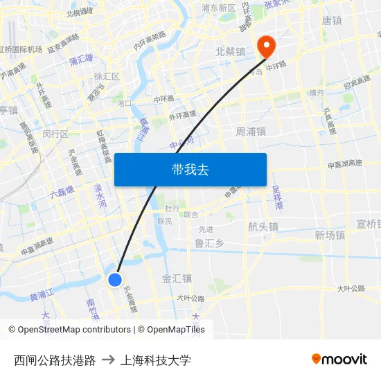 西闸公路扶港路 to 上海科技大学 map