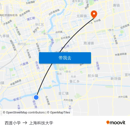 西渡小学 to 上海科技大学 map