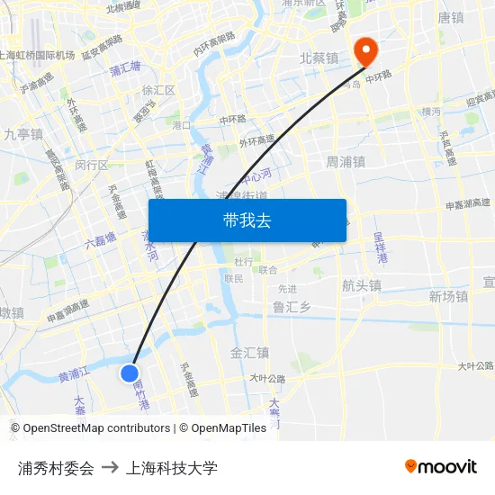 浦秀村委会 to 上海科技大学 map