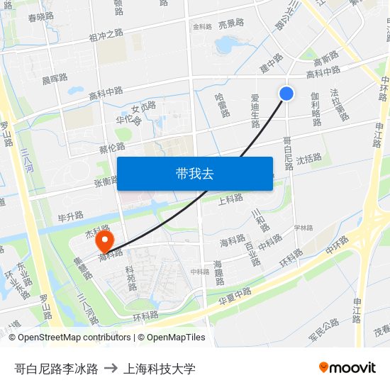 哥白尼路李冰路 to 上海科技大学 map