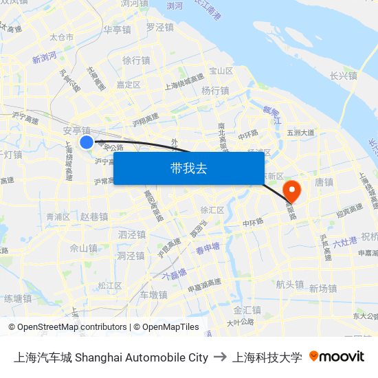 上海汽车城 Shanghai Automobile City to 上海科技大学 map