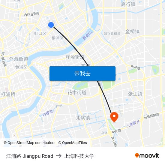 江浦路 Jiangpu Road to 上海科技大学 map