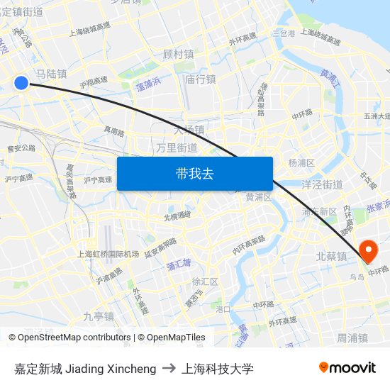 嘉定新城 Jiading Xincheng to 上海科技大学 map