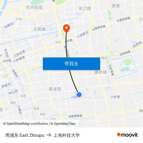 周浦东 East Zhoupu to 上海科技大学 map