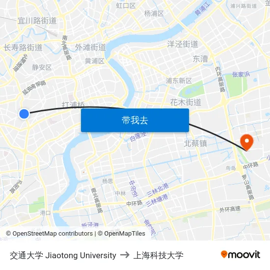 交通大学 Jiaotong University to 上海科技大学 map