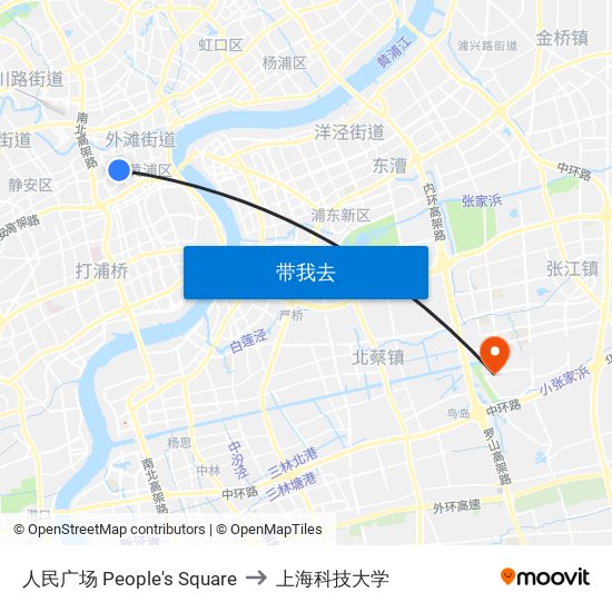 人民广场 People's Square to 上海科技大学 map