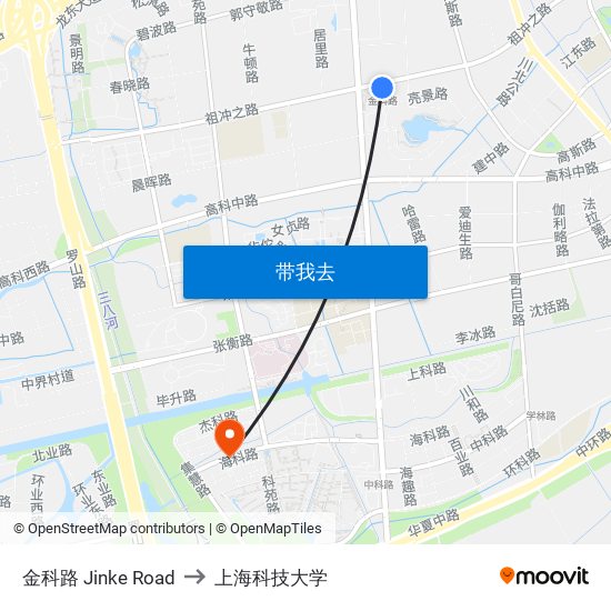 金科路 Jinke Road to 上海科技大学 map