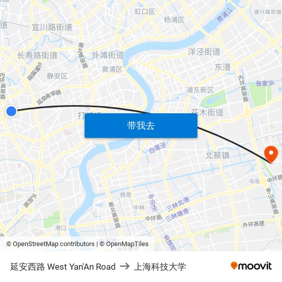 延安西路 West Yan'An Road to 上海科技大学 map