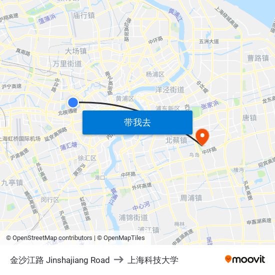金沙江路 Jinshajiang Road to 上海科技大学 map