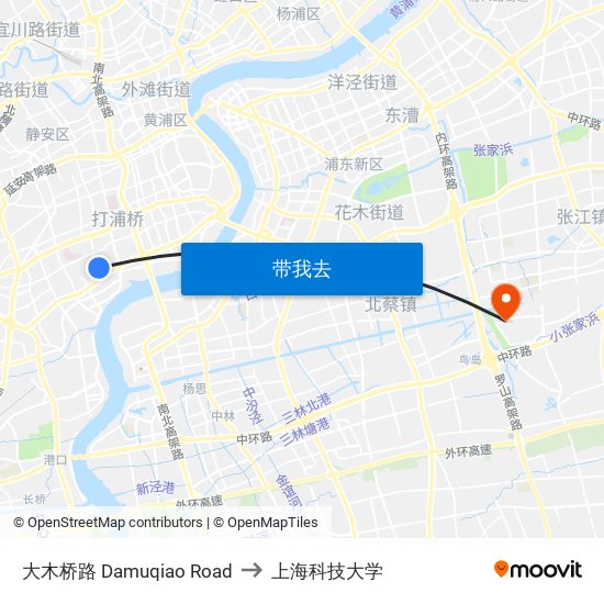 大木桥路 Damuqiao Road to 上海科技大学 map