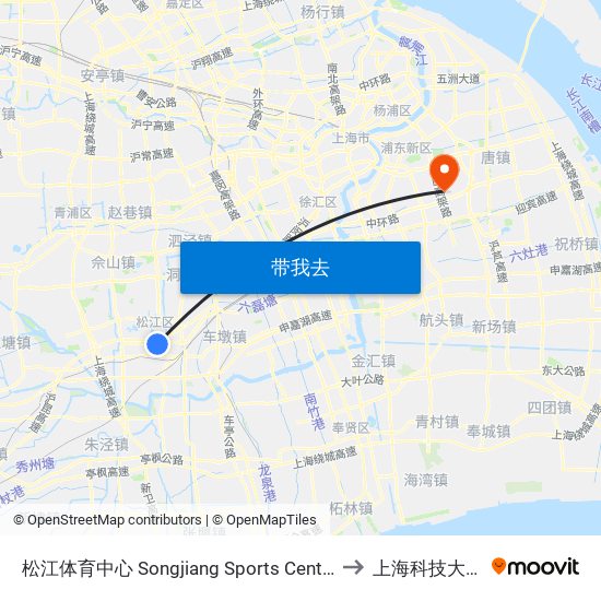 松江体育中心 Songjiang Sports Center to 上海科技大学 map