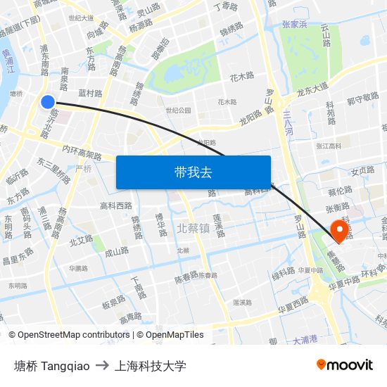 塘桥 Tangqiao to 上海科技大学 map