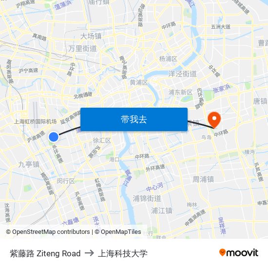 紫藤路 Ziteng Road to 上海科技大学 map
