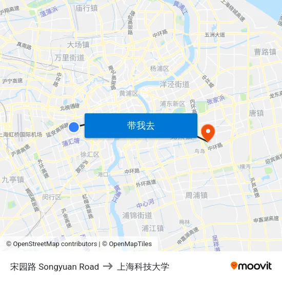 宋园路 Songyuan Road to 上海科技大学 map