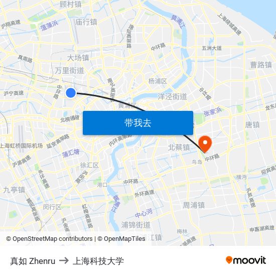 真如 Zhenru to 上海科技大学 map