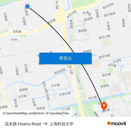 花木路 Huamu Road to 上海科技大学 map