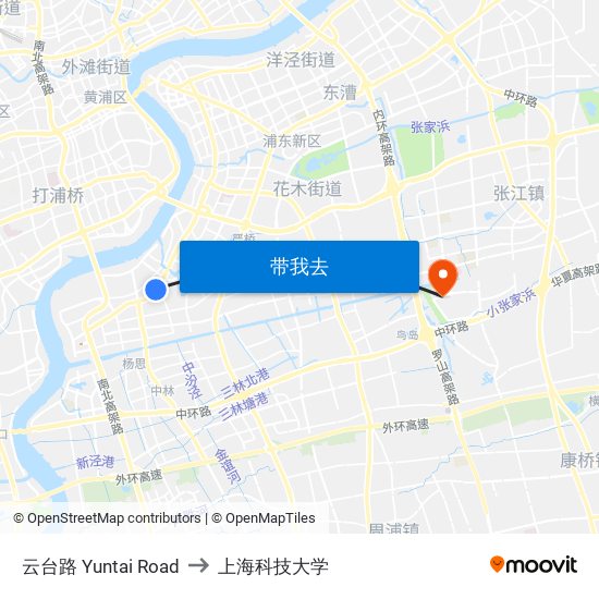 云台路 Yuntai Road to 上海科技大学 map