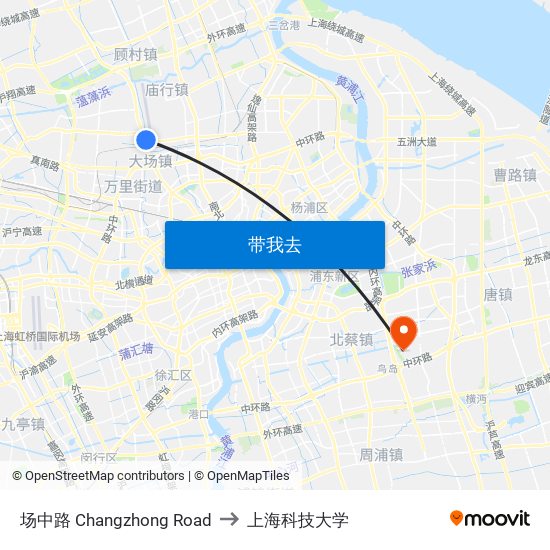 场中路 Changzhong Road to 上海科技大学 map