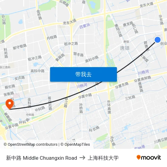 新中路 Middle Chuangxin Road to 上海科技大学 map