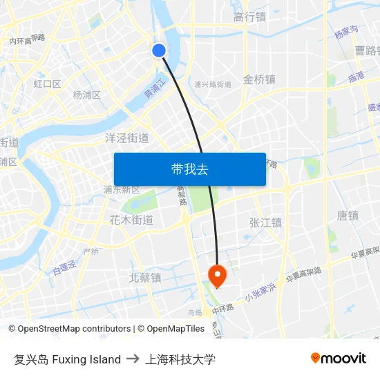 复兴岛 Fuxing Island to 上海科技大学 map
