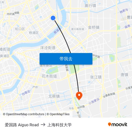 爱国路 Aiguo Road to 上海科技大学 map