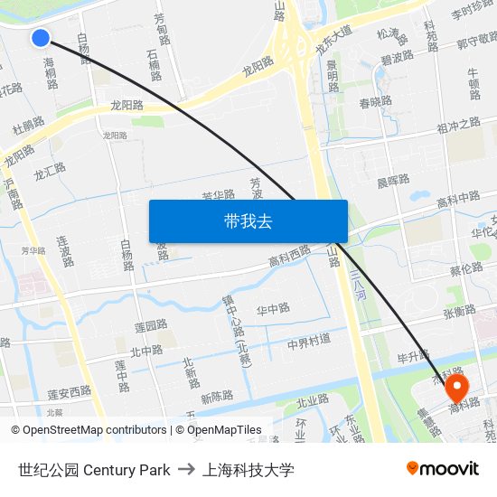 世纪公园 Century Park to 上海科技大学 map