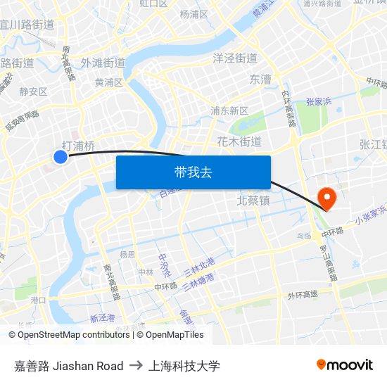 嘉善路 Jiashan Road to 上海科技大学 map