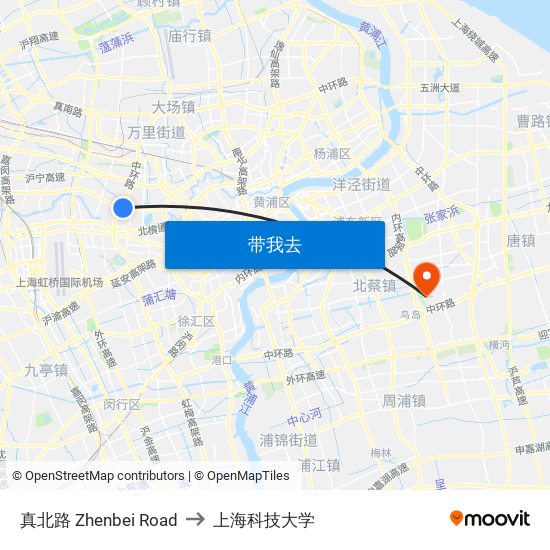 真北路 Zhenbei Road to 上海科技大学 map
