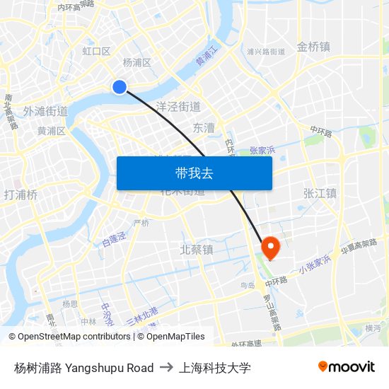 杨树浦路 Yangshupu Road to 上海科技大学 map