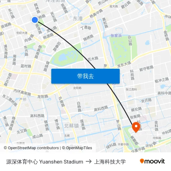 源深体育中心 Yuanshen Stadium to 上海科技大学 map